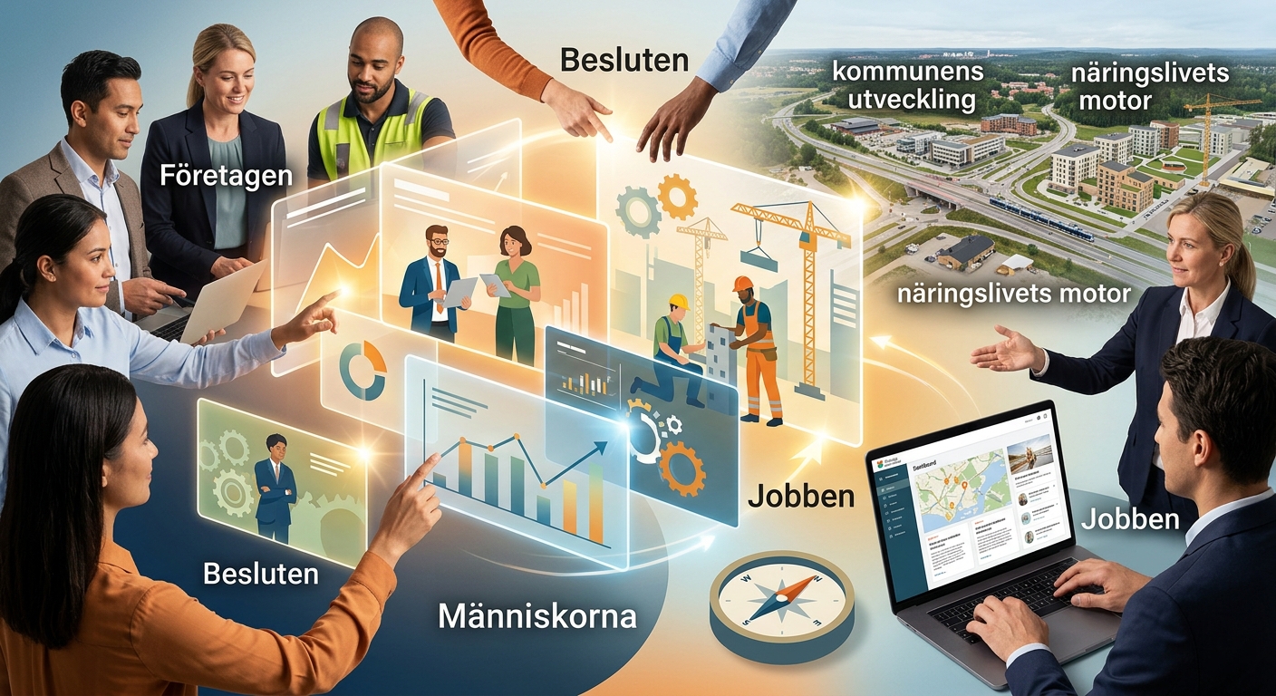 Grafisk illustration: Ortly vill knyta samman näringsliv, beslut och människor i Haninge